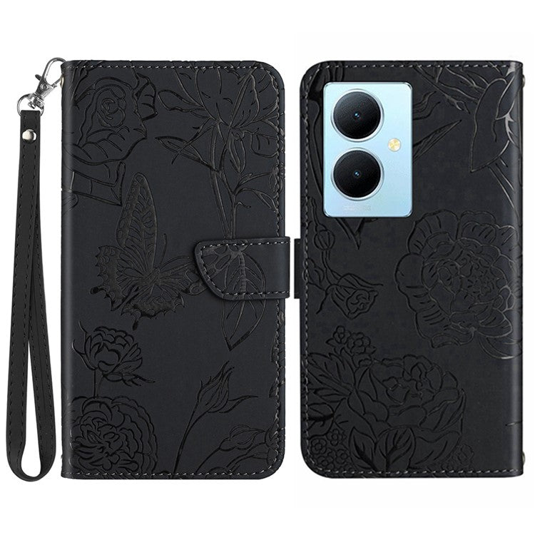 HT03 For vivo Y78+ 5G Leather Phone Case Butterfly Imprinted Flip Stand Wallet Cover with Wrist Strap - Black