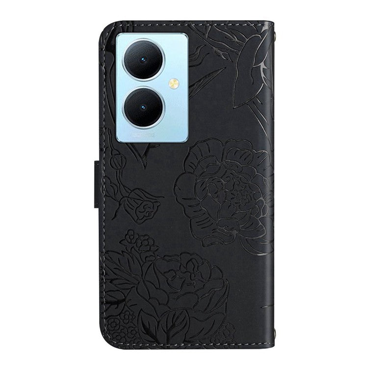 HT03 For vivo Y78+ 5G Leather Phone Case Butterfly Imprinted Flip Stand Wallet Cover with Wrist Strap - Black