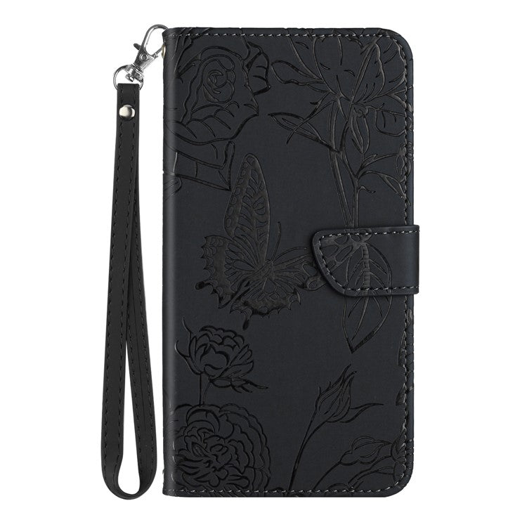 HT03 For vivo Y78+ 5G Leather Phone Case Butterfly Imprinted Flip Stand Wallet Cover with Wrist Strap - Black