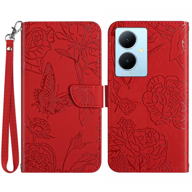 HT03 For vivo Y78+ 5G Leather Phone Case Butterfly Imprinted Flip Stand Wallet Cover with Wrist Strap - Red