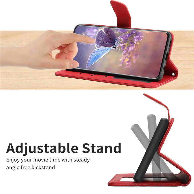 HT03 For vivo Y78+ 5G Leather Phone Case Butterfly Imprinted Flip Stand Wallet Cover with Wrist Strap - Red