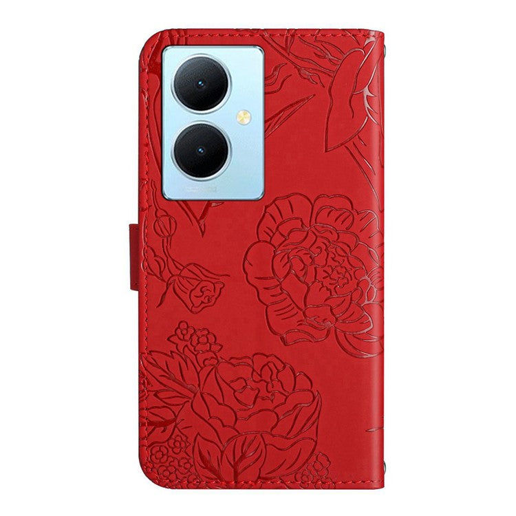 HT03 For vivo Y78+ 5G Leather Phone Case Butterfly Imprinted Flip Stand Wallet Cover with Wrist Strap - Red