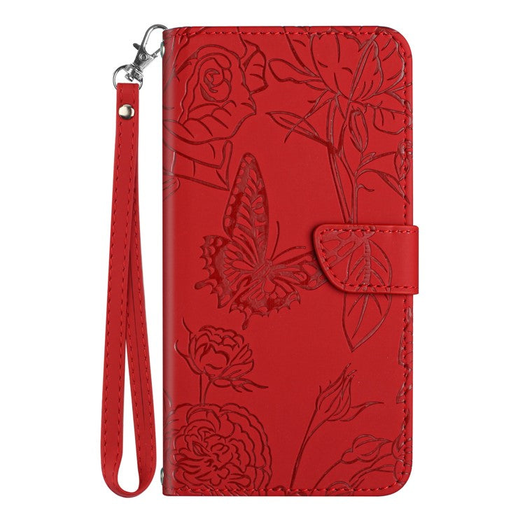 HT03 For vivo Y78+ 5G Leather Phone Case Butterfly Imprinted Flip Stand Wallet Cover with Wrist Strap - Red