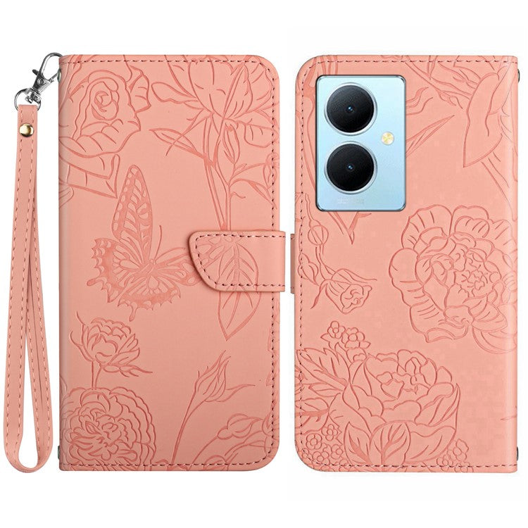 HT03 For vivo Y78+ 5G Leather Phone Case Butterfly Imprinted Flip Stand Wallet Cover with Wrist Strap - Pink