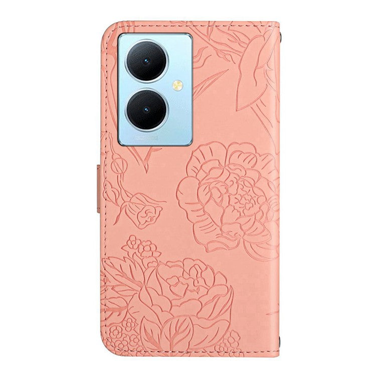 HT03 For vivo Y78+ 5G Leather Phone Case Butterfly Imprinted Flip Stand Wallet Cover with Wrist Strap - Pink