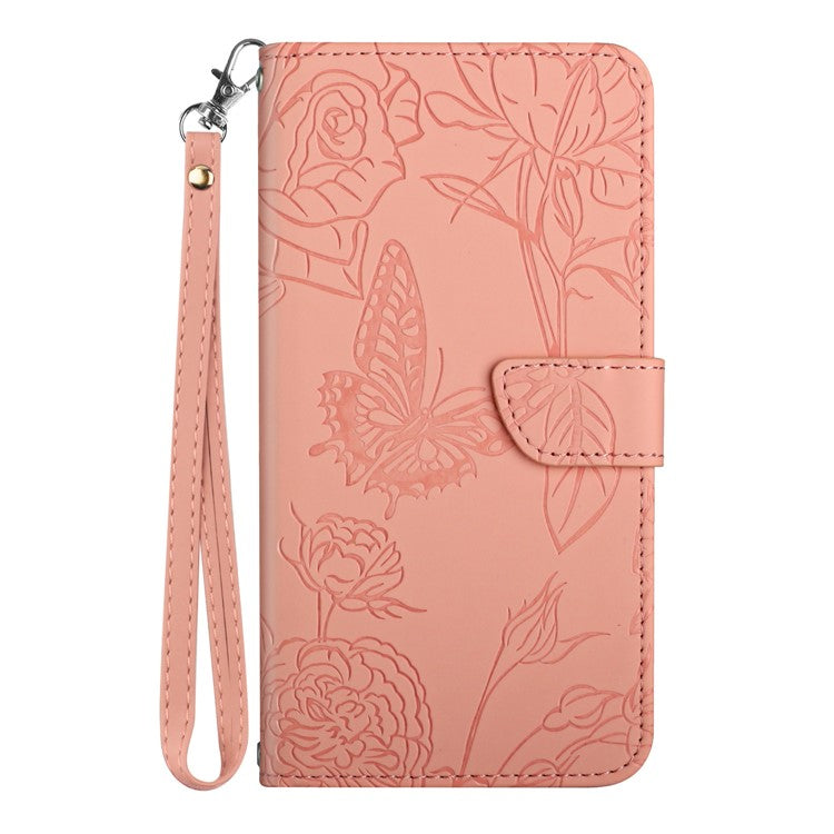 HT03 For vivo Y78+ 5G Leather Phone Case Butterfly Imprinted Flip Stand Wallet Cover with Wrist Strap - Pink