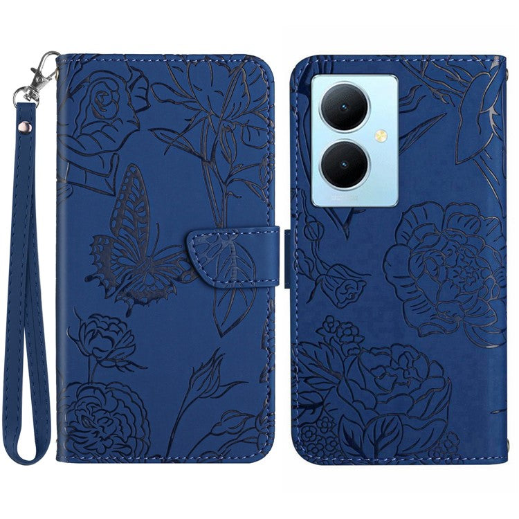 HT03 For vivo Y78+ 5G Leather Phone Case Butterfly Imprinted Flip Stand Wallet Cover with Wrist Strap - Blue