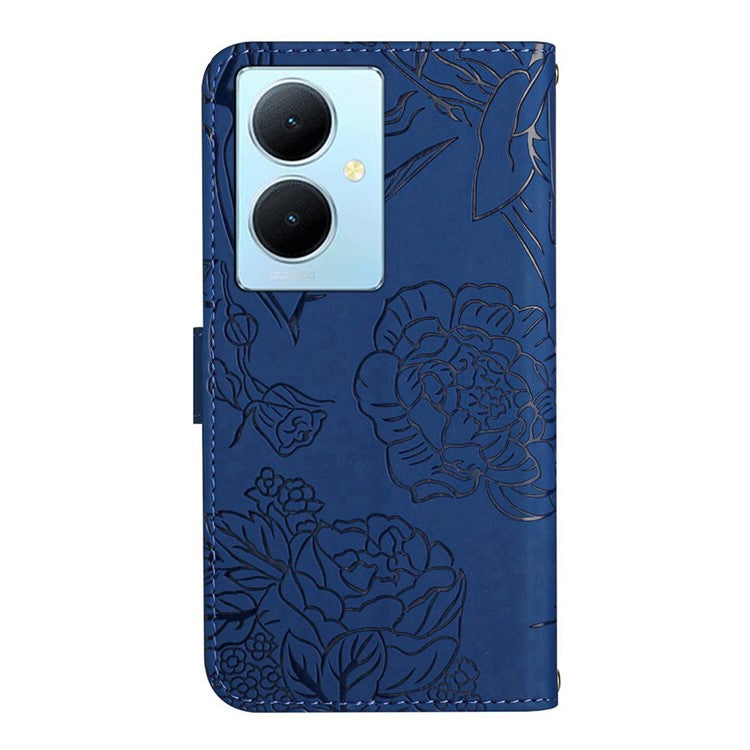 HT03 For vivo Y78+ 5G Leather Phone Case Butterfly Imprinted Flip Stand Wallet Cover with Wrist Strap - Blue