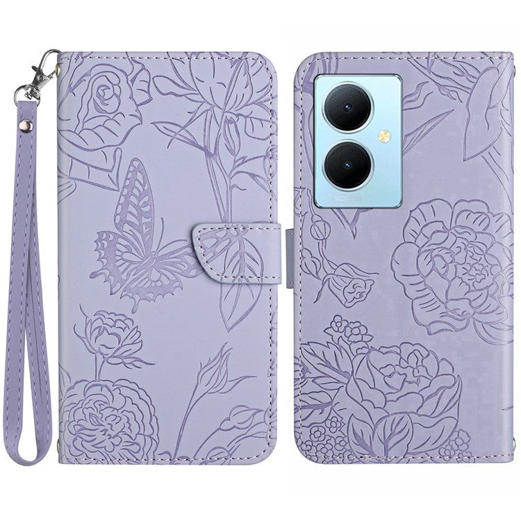 HT03 For vivo Y78+ 5G Leather Phone Case Butterfly Imprinted Flip Stand Wallet Cover with Wrist Strap - Purple