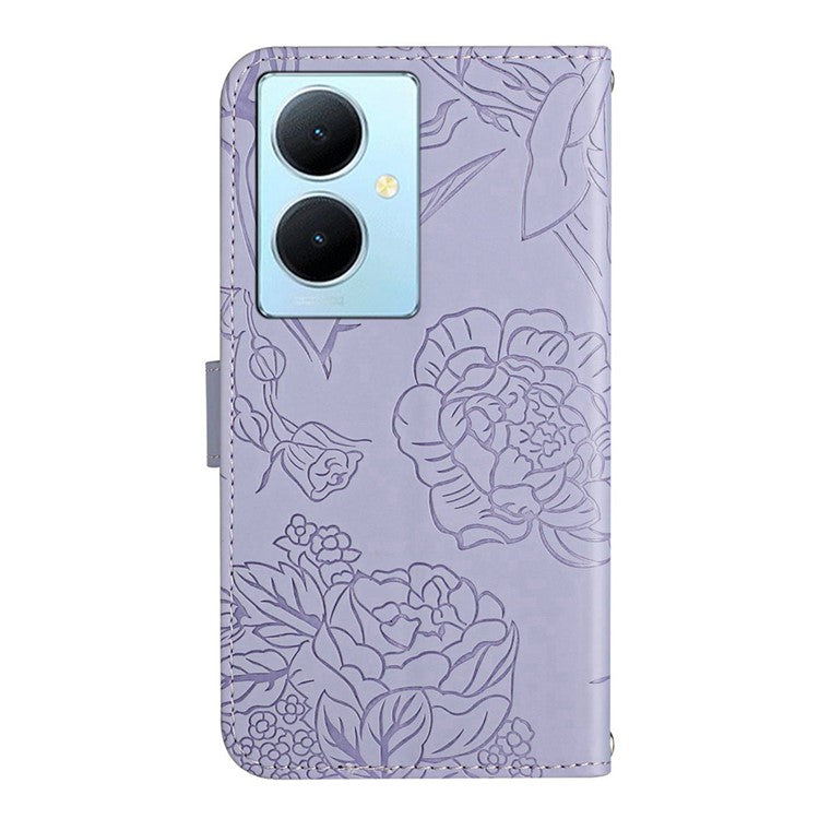 HT03 For vivo Y78+ 5G Leather Phone Case Butterfly Imprinted Flip Stand Wallet Cover with Wrist Strap - Purple