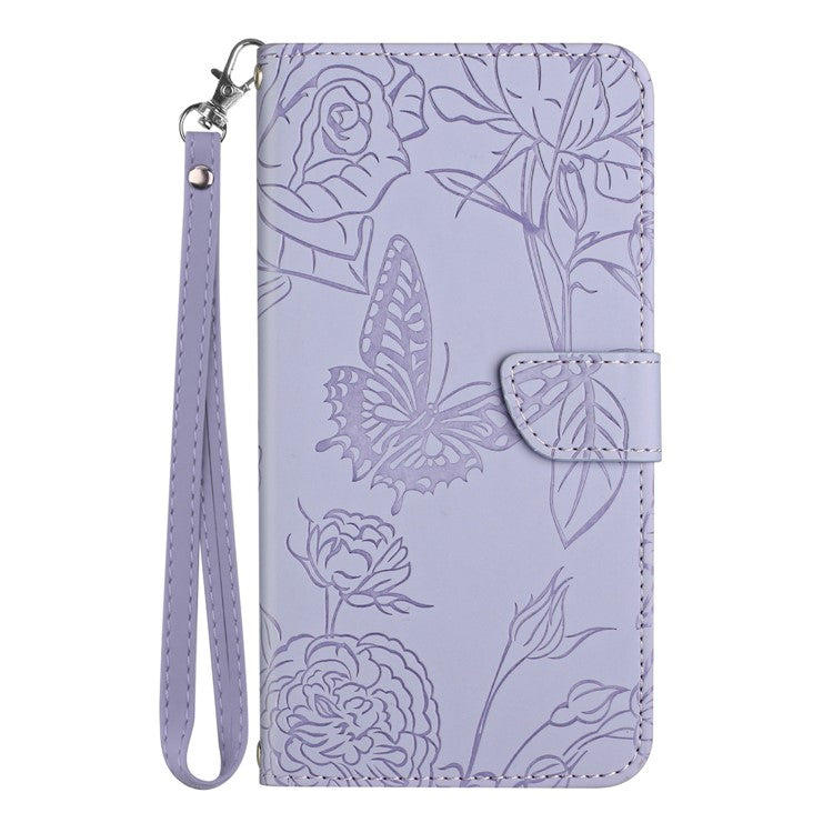 HT03 For vivo Y78+ 5G Leather Phone Case Butterfly Imprinted Flip Stand Wallet Cover with Wrist Strap - Purple