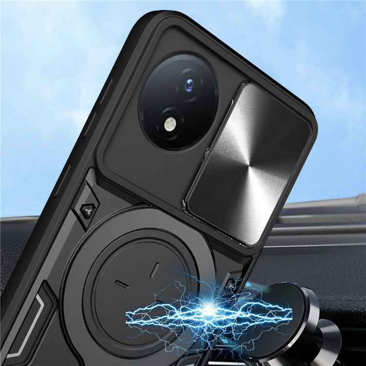 For vivo Y02 4G Rotatable Kickstand Slide Camera Lid Cover PC+TPU Shockproof Phone Case - Black