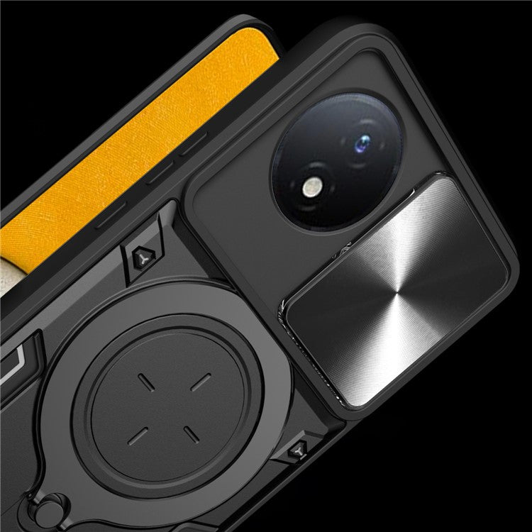 For vivo Y02 4G Rotatable Kickstand Slide Camera Lid Cover PC+TPU Shockproof Phone Case - Black