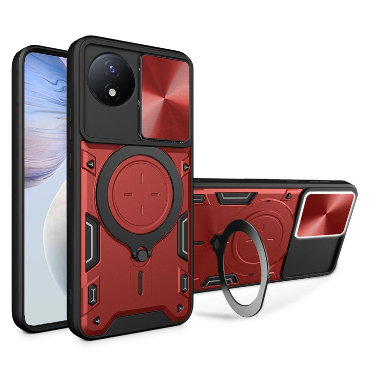 For vivo Y02 4G Rotatable Kickstand Slide Camera Lid Cover PC+TPU Shockproof Phone Case - Red