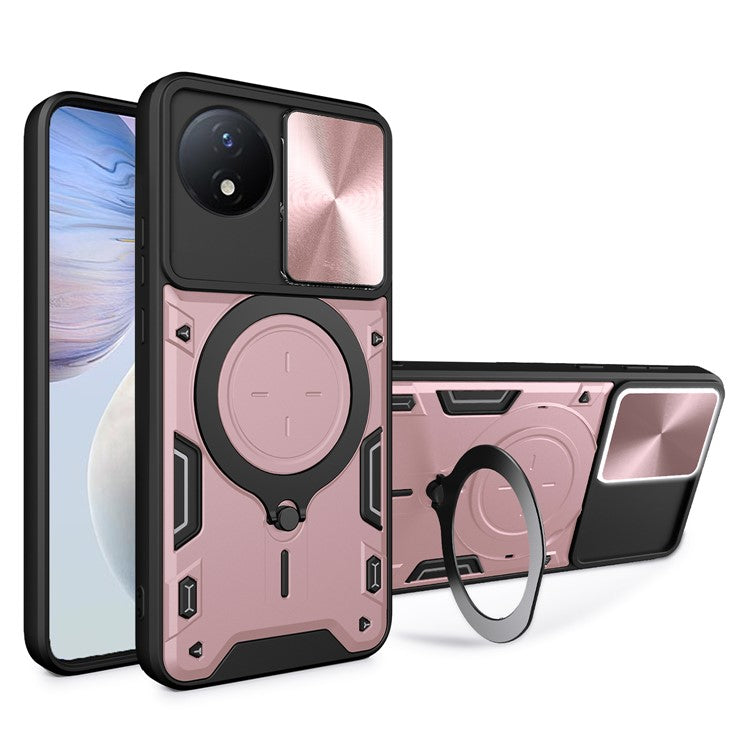 For vivo Y02 4G Rotatable Kickstand Slide Camera Lid Cover PC+TPU Shockproof Phone Case - Pink