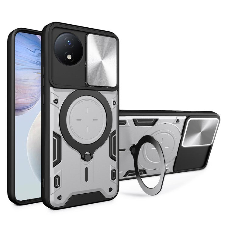 For vivo Y02 4G Rotatable Kickstand Slide Camera Lid Cover PC+TPU Shockproof Phone Case - Silver