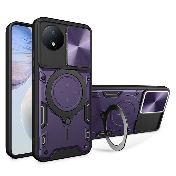 For vivo Y02 4G Rotatable Kickstand Slide Camera Lid Cover PC+TPU Shockproof Phone Case - Purple