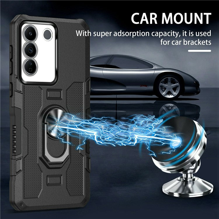 For vivo V27 5G PC + TPU Shockproof Phone Case Ring Kickstand Rugged Cover - Black