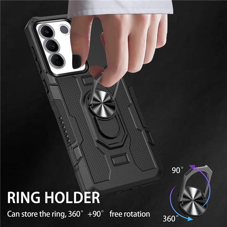 For vivo V27 5G PC + TPU Shockproof Phone Case Ring Kickstand Rugged Cover - Black