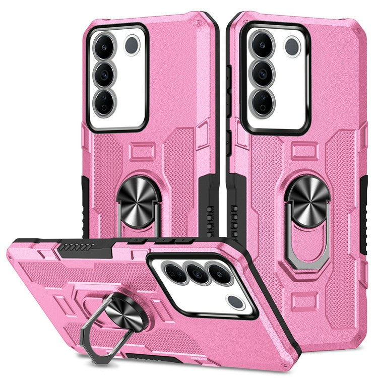 For vivo V27 5G PC + TPU Shockproof Phone Case Ring Kickstand Rugged Cover - Pink