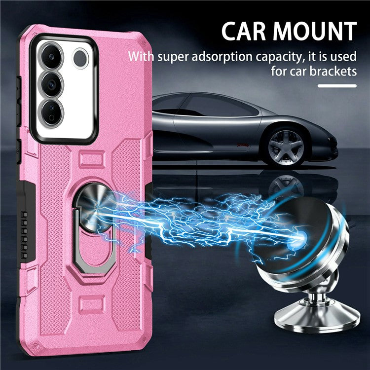 For vivo V27 5G PC + TPU Shockproof Phone Case Ring Kickstand Rugged Cover - Pink