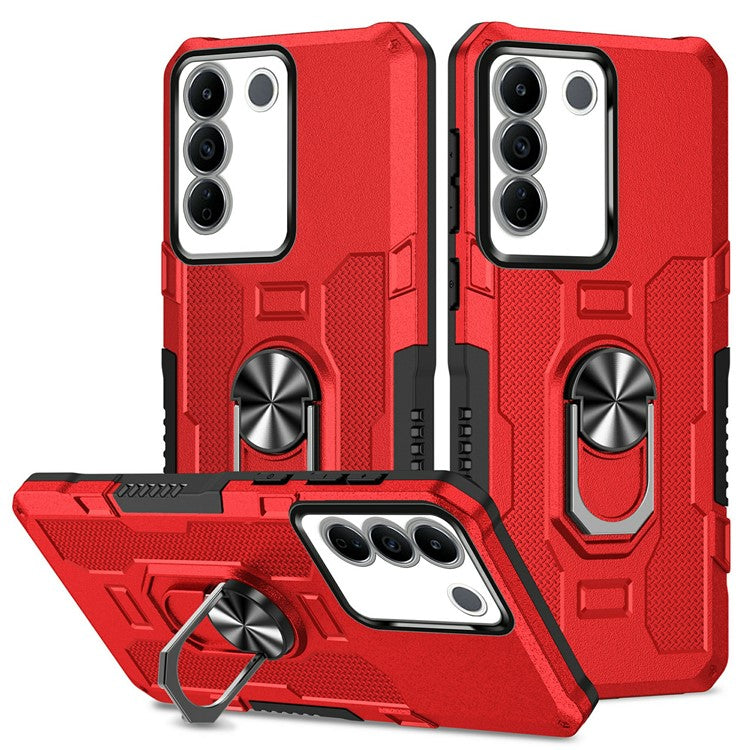 For vivo V27 5G PC + TPU Shockproof Phone Case Ring Kickstand Rugged Cover - Red