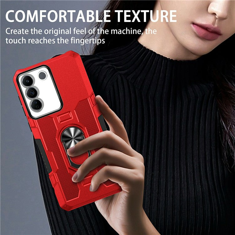 For vivo V27 5G PC + TPU Shockproof Phone Case Ring Kickstand Rugged Cover - Red