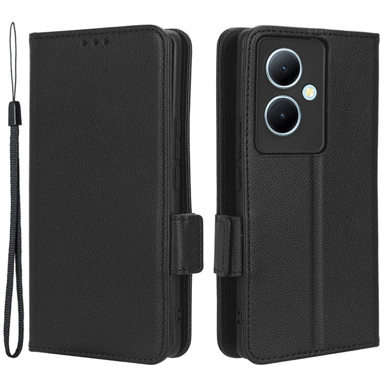 For vivo Y78+ 5G / Y78 5G / V29 Lite 5G Litchi Texture Magnetic Clasp Phone Case PU Leather Wallet Stand Cover - Black