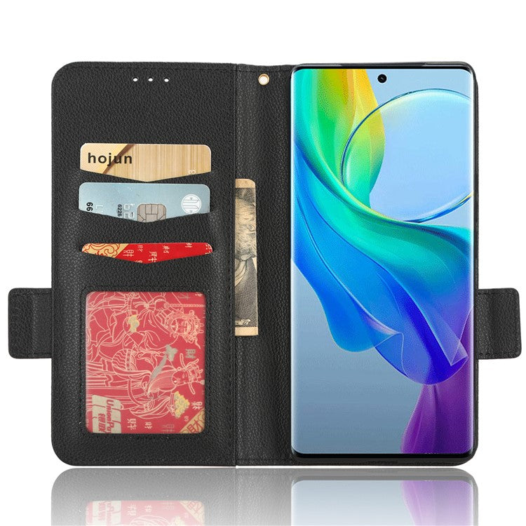 For vivo Y78+ 5G / Y78 5G / V29 Lite 5G Litchi Texture Magnetic Clasp Phone Case PU Leather Wallet Stand Cover - Black