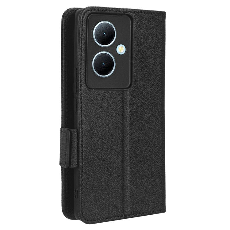 For vivo Y78+ 5G / Y78 5G / V29 Lite 5G Litchi Texture Magnetic Clasp Phone Case PU Leather Wallet Stand Cover - Black