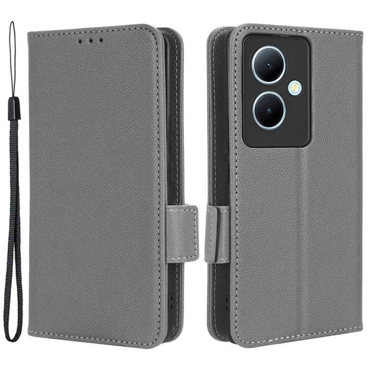 For vivo Y78+ 5G / Y78 5G / V29 Lite 5G Litchi Texture Magnetic Clasp Phone Case PU Leather Wallet Stand Cover - Grey