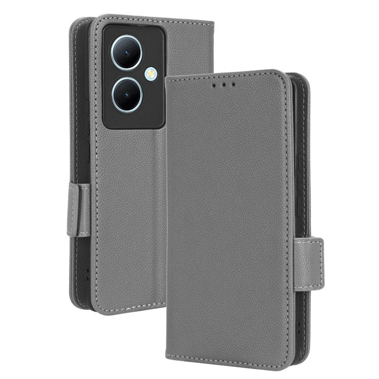 For vivo Y78+ 5G / Y78 5G / V29 Lite 5G Litchi Texture Magnetic Clasp Phone Case PU Leather Wallet Stand Cover - Grey