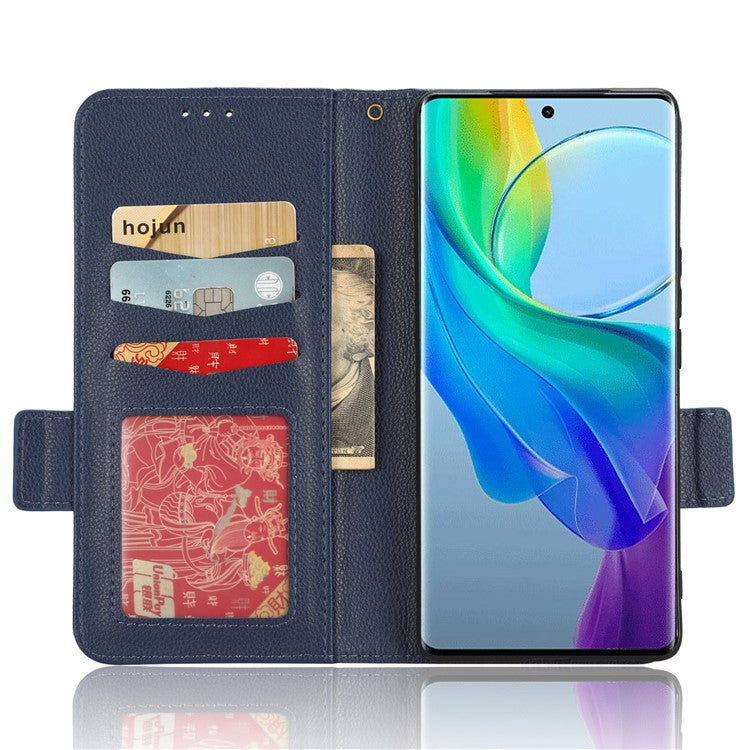 For vivo Y78+ 5G / Y78 5G / V29 Lite 5G Litchi Texture Magnetic Clasp Phone Case PU Leather Wallet Stand Cover - Dark Blue