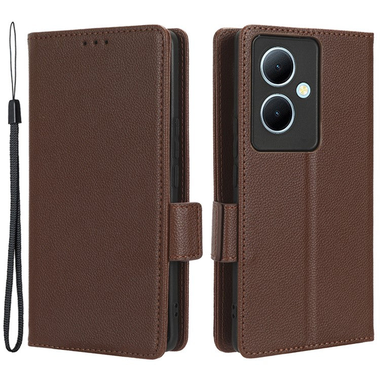 For vivo Y78+ 5G / Y78 5G / V29 Lite 5G Litchi Texture Magnetic Clasp Phone Case PU Leather Wallet Stand Cover - Brown