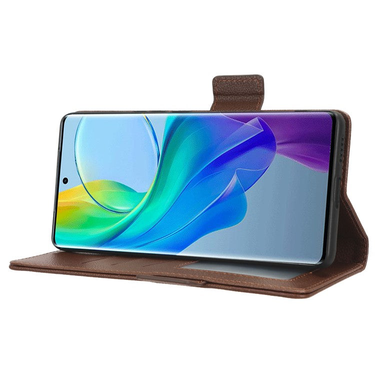 For vivo Y78+ 5G / Y78 5G / V29 Lite 5G Litchi Texture Magnetic Clasp Phone Case PU Leather Wallet Stand Cover - Brown