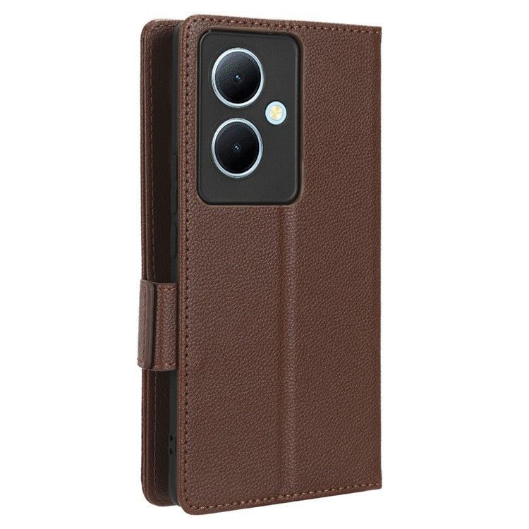 For vivo Y78+ 5G / Y78 5G / V29 Lite 5G Litchi Texture Magnetic Clasp Phone Case PU Leather Wallet Stand Cover - Brown