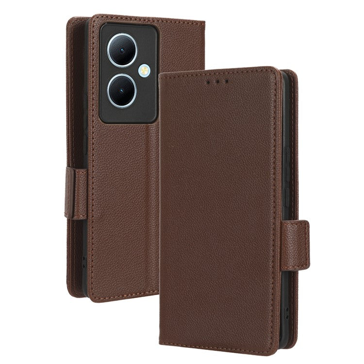 For vivo Y78+ 5G / Y78 5G / V29 Lite 5G Litchi Texture Magnetic Clasp Phone Case PU Leather Wallet Stand Cover - Brown