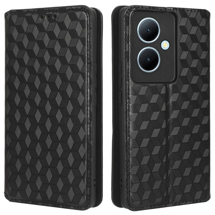 For vivo Y78 5G / Y78+ 5G / V29 Lite 5G Rhombus Imprinted Shell PU Leather Stand Shockproof Case Phone Cover - Black