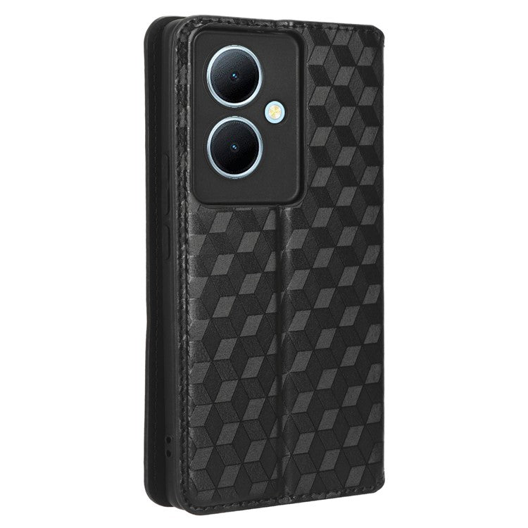 For vivo Y78 5G / Y78+ 5G / V29 Lite 5G Rhombus Imprinted Shell PU Leather Stand Shockproof Case Phone Cover - Black