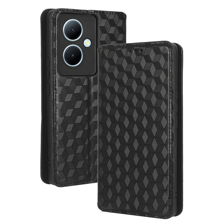 For vivo Y78 5G / Y78+ 5G / V29 Lite 5G Rhombus Imprinted Shell PU Leather Stand Shockproof Case Phone Cover - Black