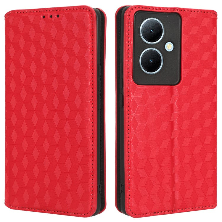 For vivo Y78 5G / Y78+ 5G / V29 Lite 5G Rhombus Imprinted Shell PU Leather Stand Shockproof Case Phone Cover - Red