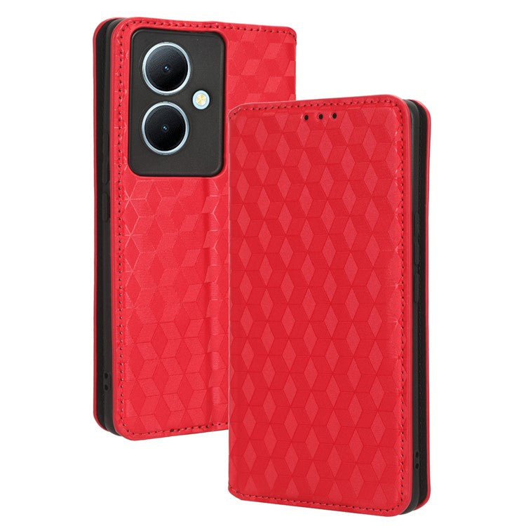 For vivo Y78 5G / Y78+ 5G / V29 Lite 5G Rhombus Imprinted Shell PU Leather Stand Shockproof Case Phone Cover - Red