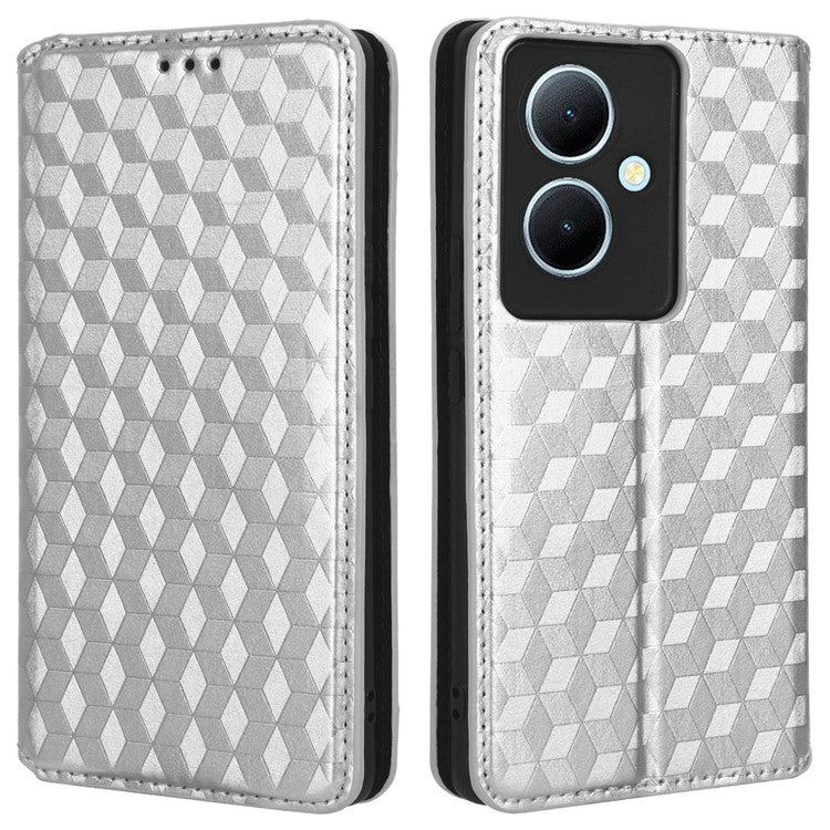 For vivo Y78 5G / Y78+ 5G / V29 Lite 5G Rhombus Imprinted Shell PU Leather Stand Shockproof Case Phone Cover - Silver