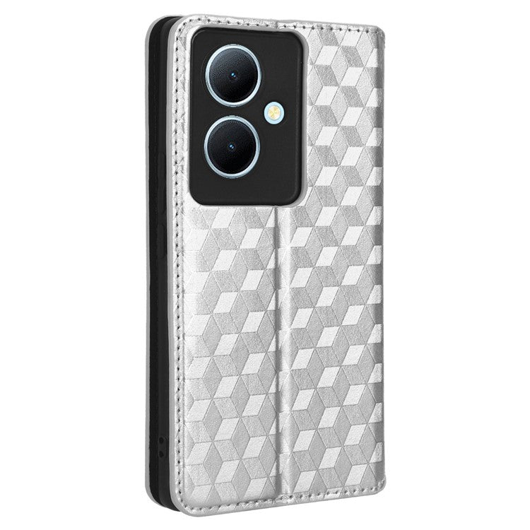 For vivo Y78 5G / Y78+ 5G / V29 Lite 5G Rhombus Imprinted Shell PU Leather Stand Shockproof Case Phone Cover - Silver