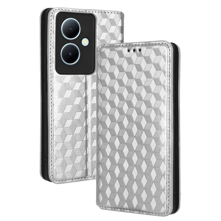 For vivo Y78 5G / Y78+ 5G / V29 Lite 5G Rhombus Imprinted Shell PU Leather Stand Shockproof Case Phone Cover - Silver