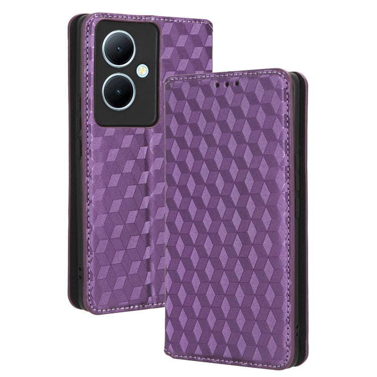 For vivo Y78 5G / Y78+ 5G / V29 Lite 5G Rhombus Imprinted Shell PU Leather Stand Shockproof Case Phone Cover - Purple