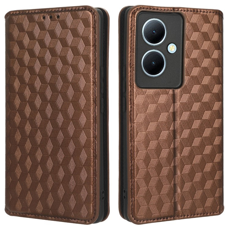 For vivo Y78 5G / Y78+ 5G / V29 Lite 5G Rhombus Imprinted Shell PU Leather Stand Shockproof Case Phone Cover - Brown