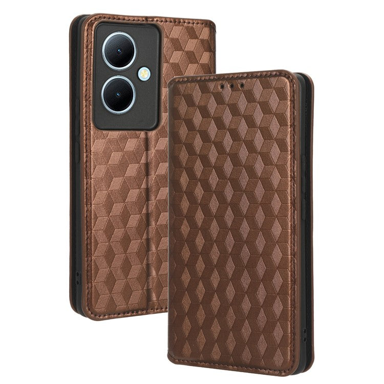 For vivo Y78 5G / Y78+ 5G / V29 Lite 5G Rhombus Imprinted Shell PU Leather Stand Shockproof Case Phone Cover - Brown