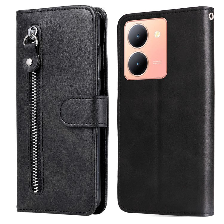 For vivo Y78 5G / Y78+ 5G Calf Texture Leather Anti-drop Stand Cover Zipper Pocket Wallet Phone Case - Black