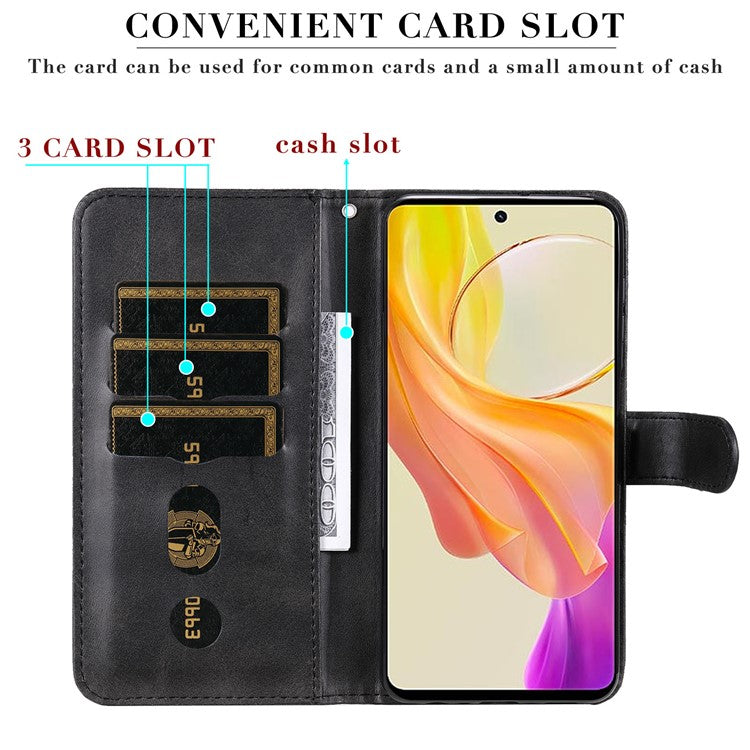 For vivo Y78 5G / Y78+ 5G Calf Texture Leather Anti-drop Stand Cover Zipper Pocket Wallet Phone Case - Black